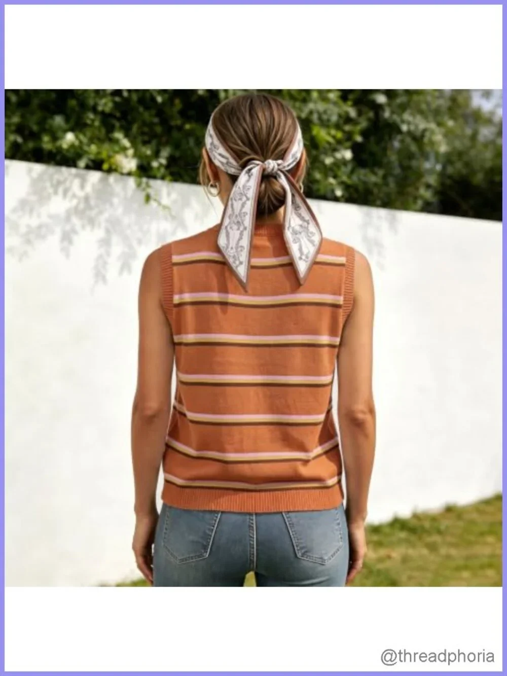 Striped Knit Sleeveless Sweater Vest with Satin Scarf - Polyester Blend,